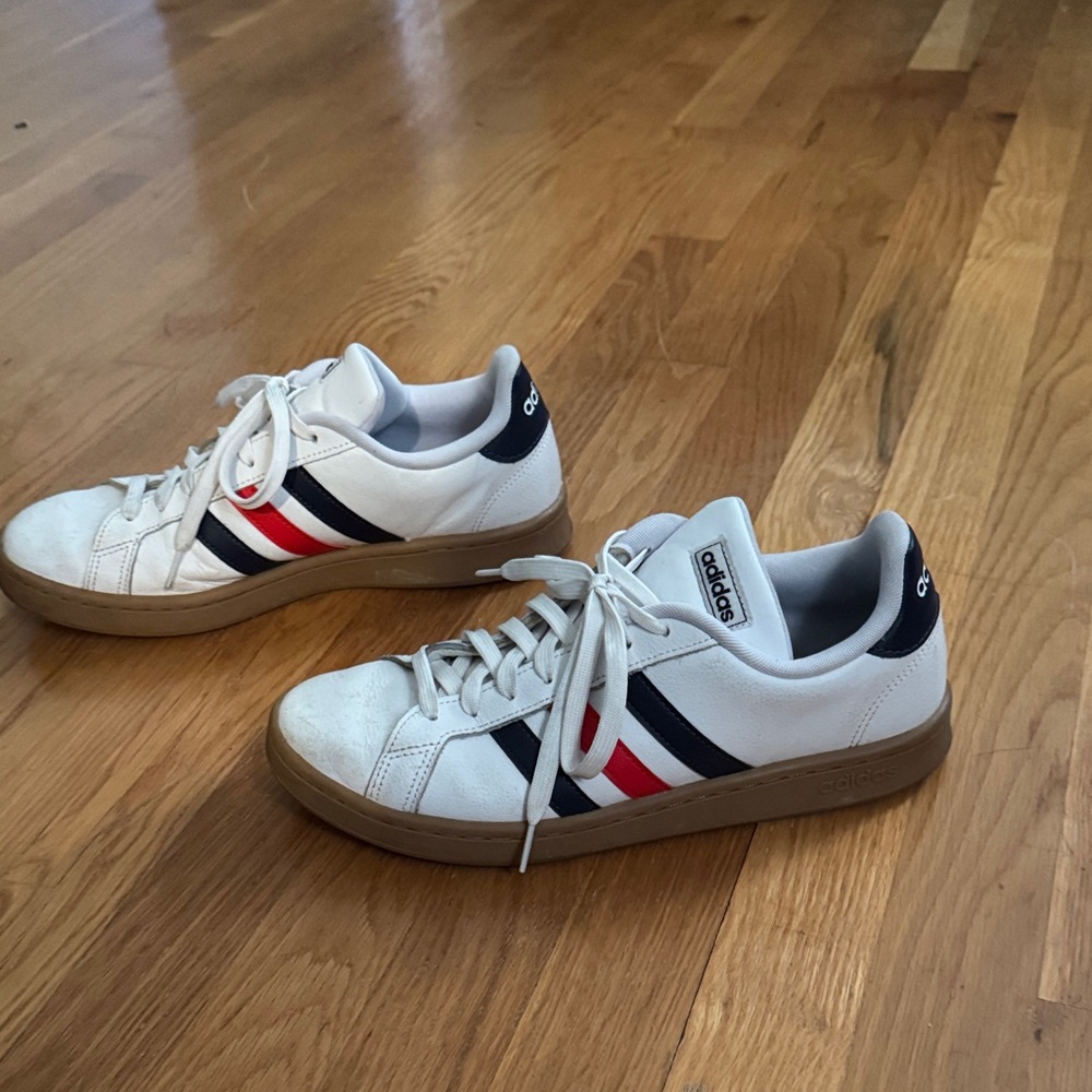 adidas White Sneakers with Navy & Red Stripes - Picture 7 of 9